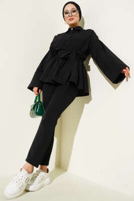 Gizli Düğmeli Bel Kuşaklı Gömlek Siyah - Thumbnail