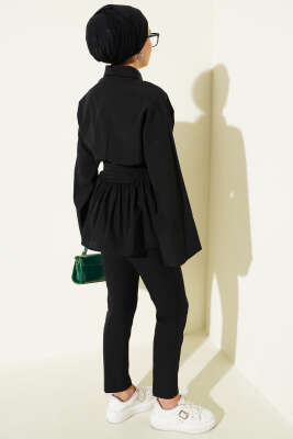 Gizli Düğmeli Bel Kuşaklı Gömlek Siyah - Thumbnail