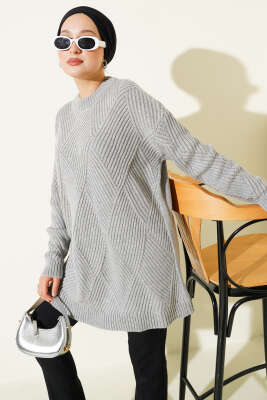 Çizgi Baklava Desen Triko Tunik Gri - Thumbnail