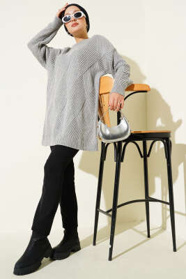 Çizgi Baklava Desen Triko Tunik Gri - Thumbnail