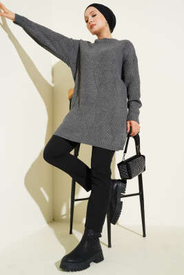 Pazarium - Çizgi Baklava Desen Triko Tunik Füme