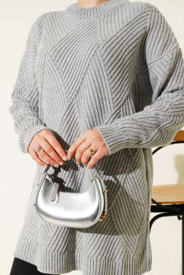 Çizgi Baklava Desen Triko Tunik Gri - Thumbnail