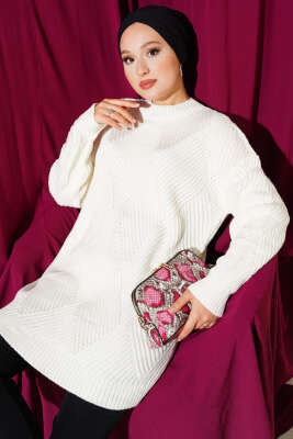 Pazarium - Çizgi Baklava Desen Triko Tunik Ekru