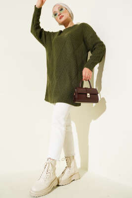 Pazarium - Çizgi Baklava Desen Triko Tunik Haki