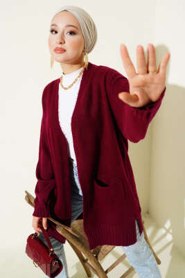 Pazarium - Düşük Omuz Cepli Triko Hırka Bordo