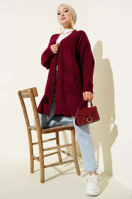 Düşük Omuz Cepli Triko Hırka Bordo - Thumbnail