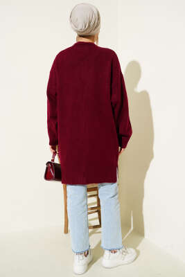 Düşük Omuz Cepli Triko Hırka Bordo - Thumbnail