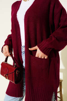 Düşük Omuz Cepli Triko Hırka Bordo - Thumbnail