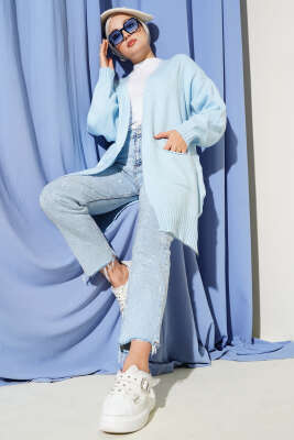 Düşük Omuz Cepli Triko Hırka Bebe Mavi - Thumbnail