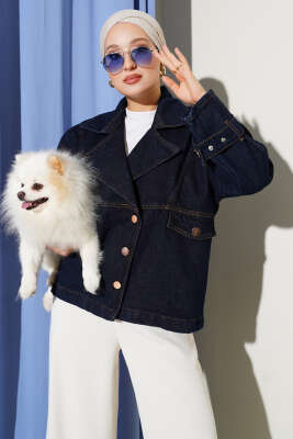 Pazarium - Kruvaze Yaka Yan Düğmeli Kot Ceket Lacivert