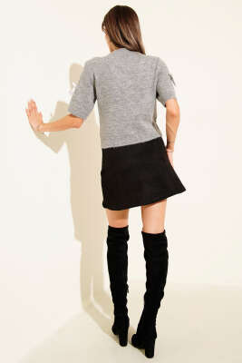 Yarım Kol Fiyonklu Triko Hırka Gri - Thumbnail