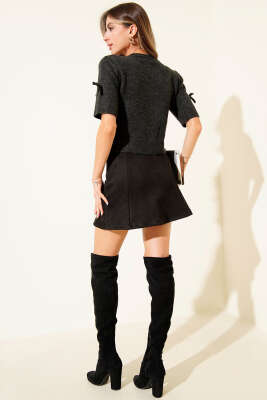 Yarım Kol Fiyonklu Triko Hırka Antrasit - Thumbnail