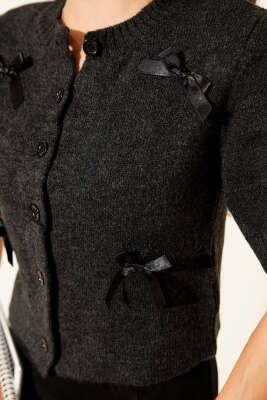 Yarım Kol Fiyonklu Triko Hırka Antrasit - Thumbnail