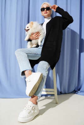 Pazarium - Düşük Omuz Cepli Triko Hırka Siyah