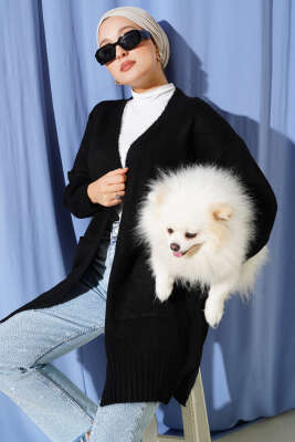 Düşük Omuz Cepli Triko Hırka Siyah - Thumbnail