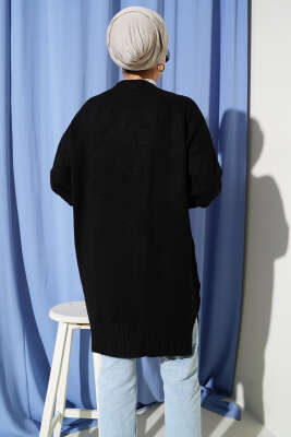 Düşük Omuz Cepli Triko Hırka Siyah - Thumbnail