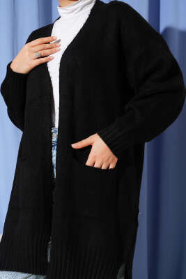 Düşük Omuz Cepli Triko Hırka Siyah - Thumbnail