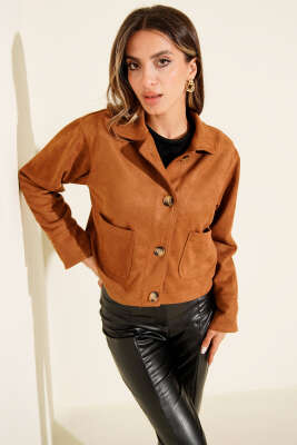 Düğmeli Çift Cepli Süet Ceket Taba - Thumbnail