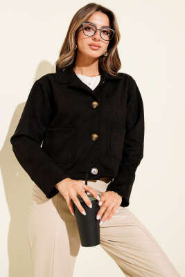 Düğmeli Çift Cepli Süet Ceket Siyah - Thumbnail