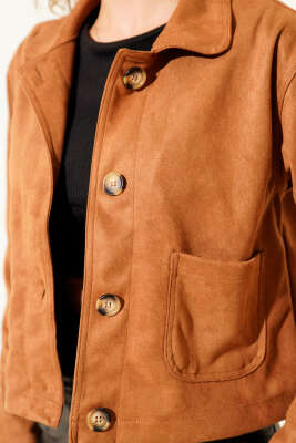 Düğmeli Çift Cepli Süet Ceket Taba - Thumbnail