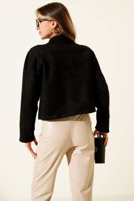 Düğmeli Çift Cepli Süet Ceket Siyah - Thumbnail