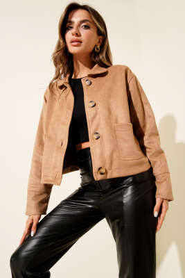 Düğmeli Çift Cepli Süet Ceket Latte - Thumbnail