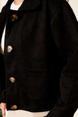 Düğmeli Çift Cepli Süet Ceket Siyah - Thumbnail