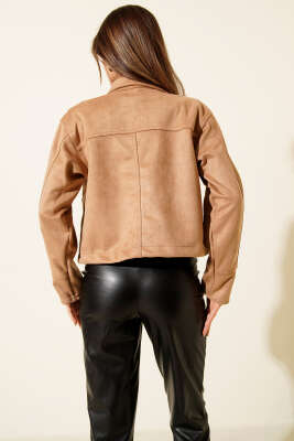 Düğmeli Çift Cepli Süet Ceket Latte - Thumbnail