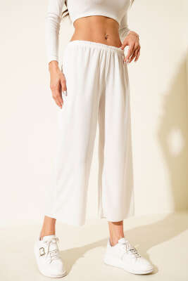 Pazarium - Bel Lastikli Pantolon İçlik Beyaz