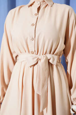 Beli Lastikli Kuşaklı Elbise Bej - Thumbnail