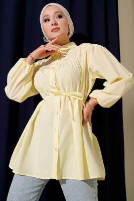 Pazarium - Göğüs Büzgülü Gömlek Sarı