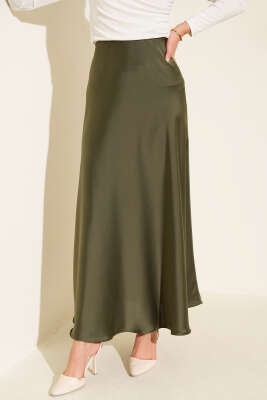 Pazarium - Bel Lastikli Saten Kloş Etek Haki