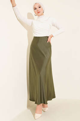 Bel Lastikli Saten Kloş Etek Haki - Thumbnail