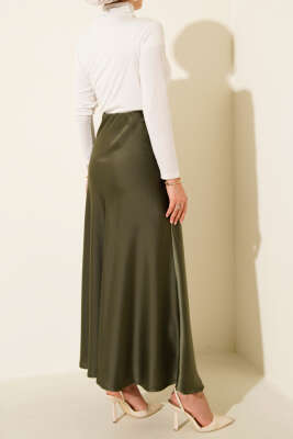 Bel Lastikli Saten Kloş Etek Haki - Thumbnail