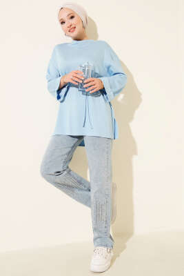 Loyşa Yan Yırtmaçlı Kuşaklı Tunik Mavi - Thumbnail