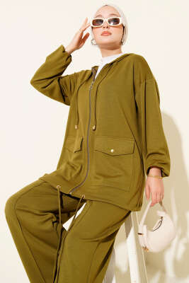 Pazarium - Loyşa Fermuarlı Cepli Kapüşonlu İkili Takım Yeşil