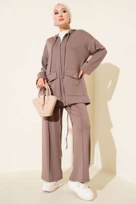 Loyşa Fermuarlı Cepli Kapüşonlu İkili Takım Vizon - Thumbnail