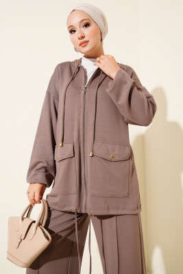 Loyşa Fermuarlı Cepli Kapüşonlu İkili Takım Vizon - Thumbnail