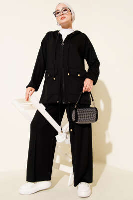 Pazarium - Loyşa Fermuarlı Cepli Kapüşonlu İkili Takım Siyah