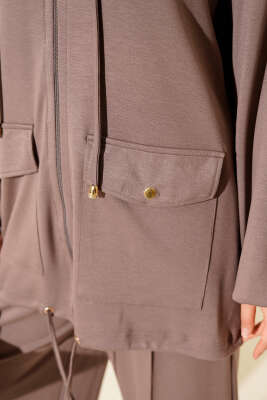 Loyşa Fermuarlı Cepli Kapüşonlu İkili Takım Vizon - Thumbnail