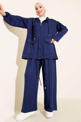 Pazarium - Loyşa Fermuarlı Cepli Kapüşonlu İkili Takım Lacivert