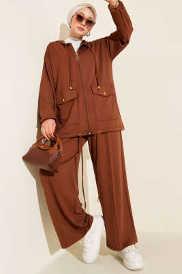 Pazarium - Loyşa Fermuarlı Cepli Kapüşonlu İkili Takım Kahve