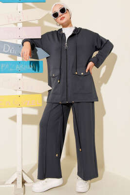 Pazarium - Loyşa Fermuarlı Cepli Kapüşonlu İkili Takım Füme