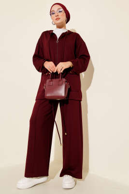 Pazarium - Loyşa Fermuarlı Cepli Kapüşonlu İkili Takım Bordo