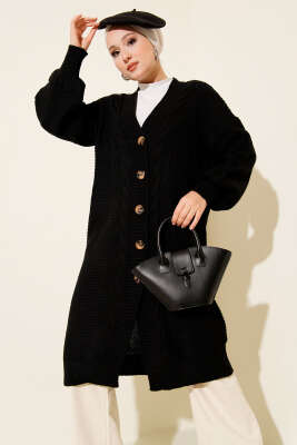 Sarmal Detaylı Düğmeli Uzun Triko Hırka Siyah - Thumbnail