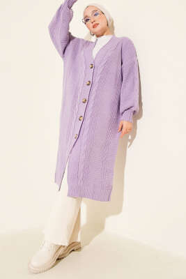 Sarmal Detaylı Düğmeli Uzun Triko Hırka Lila - Thumbnail