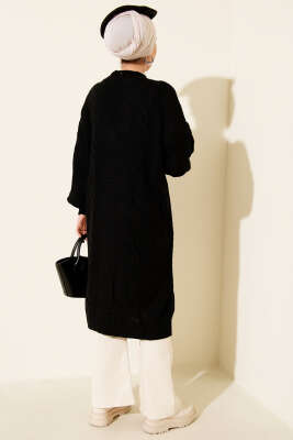 Sarmal Detaylı Düğmeli Uzun Triko Hırka Siyah - Thumbnail