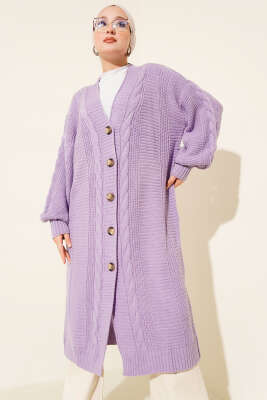 Sarmal Detaylı Düğmeli Uzun Triko Hırka Lila - Thumbnail