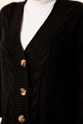 Sarmal Detaylı Düğmeli Uzun Triko Hırka Siyah - Thumbnail