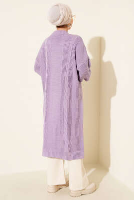 Sarmal Detaylı Düğmeli Uzun Triko Hırka Lila - Thumbnail